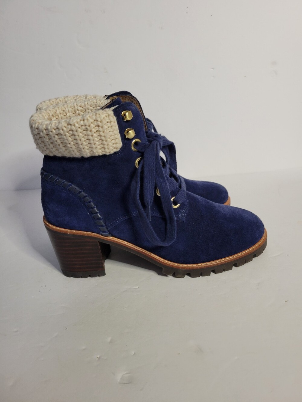Jack Rogers Women's Navy Suede Lace-Up Ankle Boots with Knit Cuff Size 6.5
